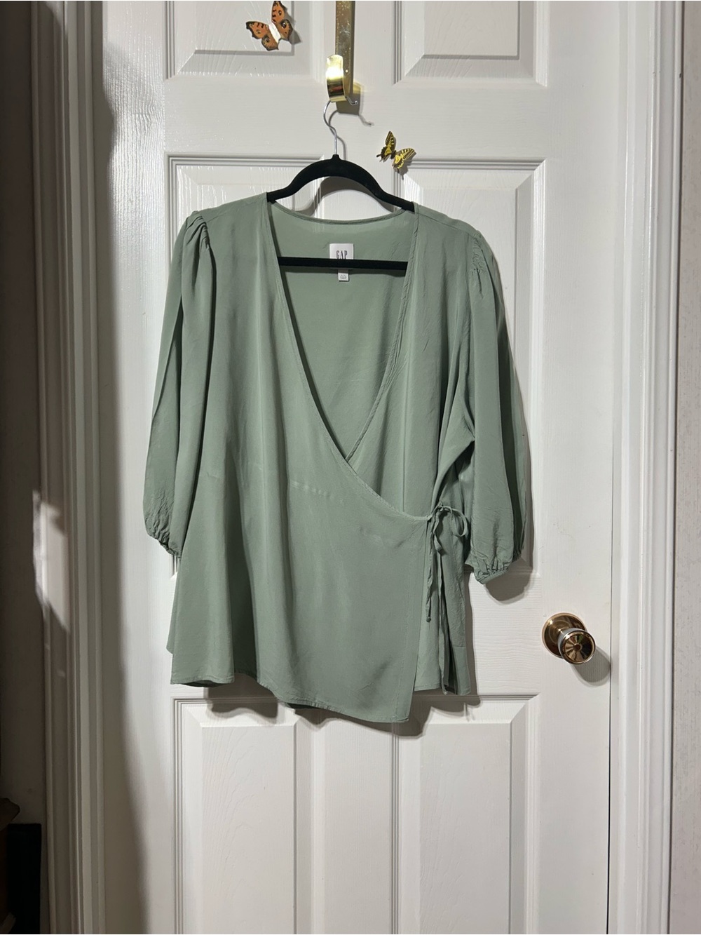 GAP Light Sage Wrap Blouse with Tie